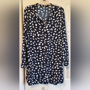 Umgee Button Up Navy Blue White Tunic Top Dress Silky Shirtdress  Medium